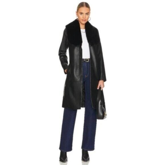 NWT BlankNYC In The Moment Faux Fur Vegan Leather Trench Coat XL Black Belted - Picture 4 of 15